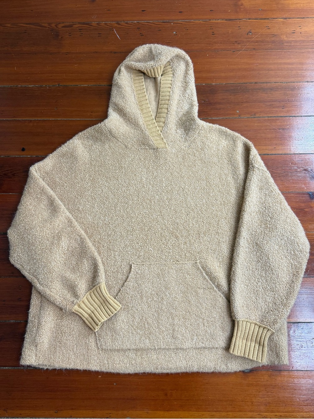 Free People Oversized Bouclé Teddy Knit Hoodie Pullover Beige Tan Sz L 💛🍄